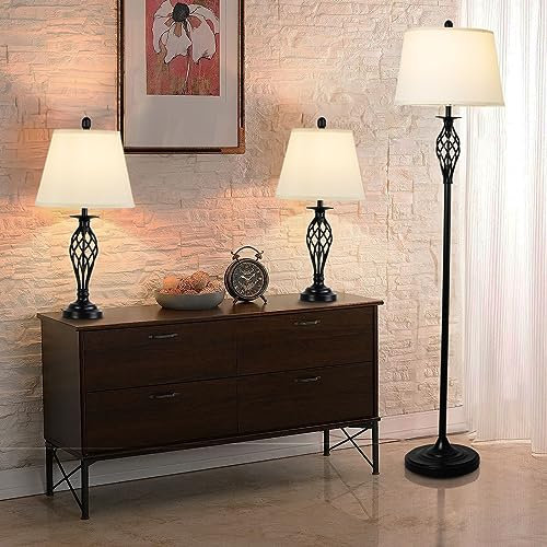 Depuley Modern Table and Floor Lamps, 3 Pack With White Linen Lampshade, Farmhouse Lamp Set for Living Room Bedroom Nightstands, Black (Bulb Included)