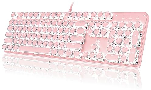 YSCP Teclado mecánico para juegos estilo máquina de escribir, retroiluminado por LED, con cable y interruptor azul, teclado redondo retro, 104 teclas (LED rosa de 104 teclas)