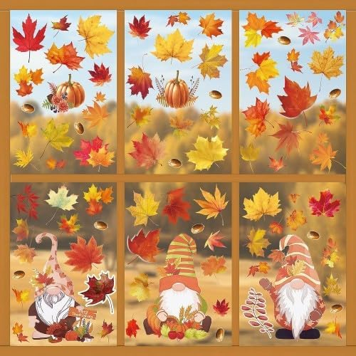 Volumoon 6 Fogli Ringraziamento Adesivi Finestre, Vetrofanie Autunno, Adesivi Sticker Decorativi, Vetrofanie Decals, Foglie Autunnali Vetrofanie, Ringraziamento Addobbi Adesivi per Decori Casa Festa