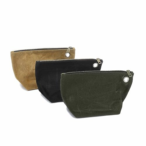 Heavy Duty 16oz Waxed Canvas Tool Storage Bags, Standable One-Piece Tool Organization Pouch for Mechanic Contractor - 3 Pack Pouches with Brass Zipper (Small)