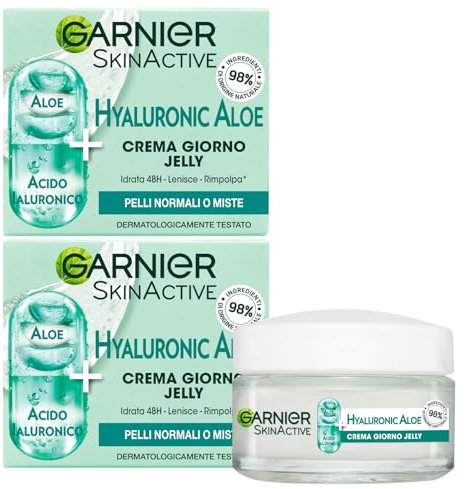 Garnier SkinActive Crema Giorno Jelly Hyaluronic Aloe Vera Idratante Lenitiva e Rimpolpante 48H per Pelli Normali o Miste Azione Rinfrescante - 2 Barattoli da 50ml