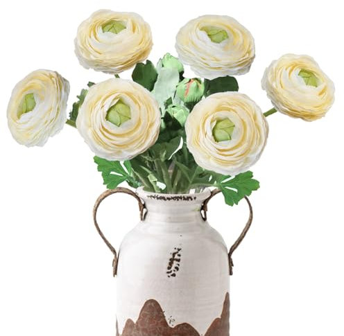 Ariwenic Künstliche Ranunkeln, 51 cm, 6 Stück, einzelner Stiel, künstliche Blumen, Blumenarrangement für Zuhause, Tisch, Festivals, Innen- und Außenbereich, Dekoration (weiß)