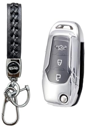 MEDZUK Schlüsselhülle Kompatibel mit Ford Fiesta MK8 ST 2018-2024 2025 Autoschlüssel Hülle TPU Schlüsselgehäuse Schutz Zubehör mit Schlüsselanhänger (Silber)