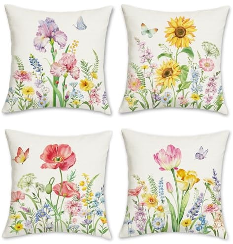 Bonhause 4er Set Kissenbezüge Blumen Garten 45 x 45 cm Tulpen Iris Sonnenblume Mohn Polyester Leinen Dekorative Kissenhülle Zierkissenbezüge für Zuhause Outdoor Frühlings Sommer Dekoration
