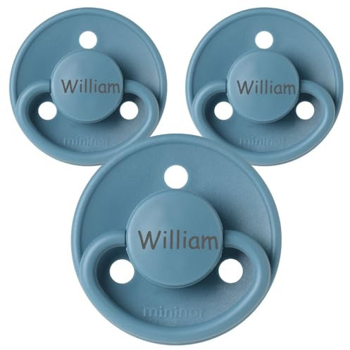 Namensschnuller, personalisiert auf Schnullern von Mininor, Naturkautschuk, Rund. Größe 1, 0-6 Monate, 3 Stück, Schnuller mit Namen, Nuckel, BPA-frei Schnuller, Graviert