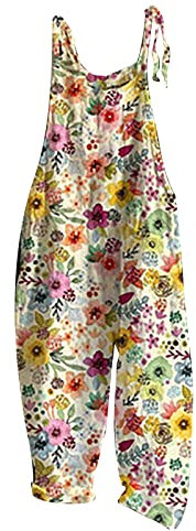 Salopette Femme Ete Fluide Salopettes en Lin Casual Boho sans Manches Combinaisons Salopette D'Été Lâche Imprimé Large Jambe Floral Barboteuses Longue Combishort avec Poche Vacances Plage Pas Cher