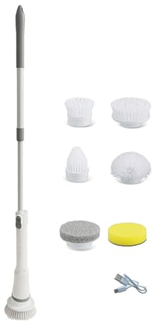 Limpiador giratorio eléctrico, cepillo de ducha, cepillo de limpieza inalámbrico, 4 cabezales de cepillo reemplazables y escobilla de goma, cepillo de limpieza eléctrico giratorio para azulejos de