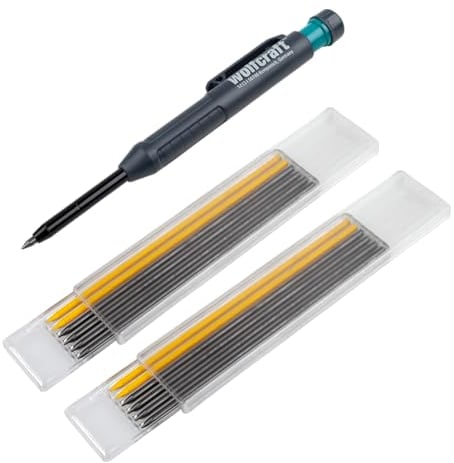 wolfcraft 8661000 - Kit de crayon de chantier avec 12 Mines de Rechange et taille crayon intégré - Diamètre 2,8 mm, Longueur 120 mm