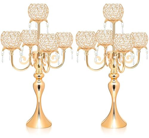 Candelabro dorado, elegante centro de mesa con colgante, decoración de mesa de cristal, candelabros de 5 brazos para comedor, 22.5 pulgadas de alto (2, dorado)