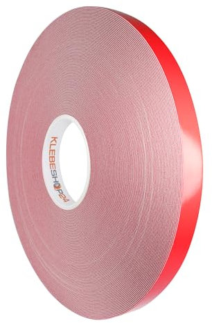 KLEBESHOP24 SPIEGELKLEBEBAND DOPPELSEITIG stark klebend | 1 mm Dicke, 5 oder 50 m, Breite wählbar | Universelles Montageband / 15 mm x 50 m, rote Folienabdeckung