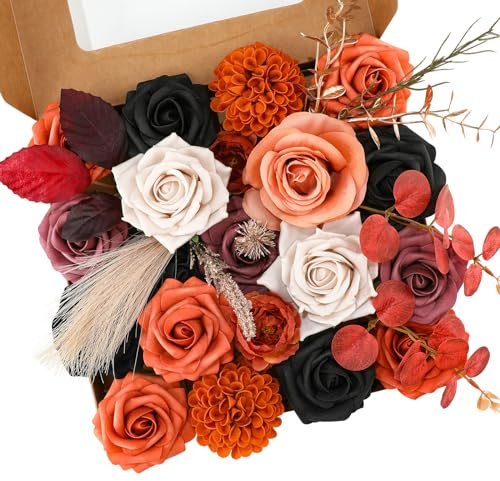 Floweroyal Künstliche Halloween-Blumen, Schwarze Blumen, Seidenblumen, künstliche Rosen mit Stielen für Hochzeit, Brautsträuße, Tischdekoration, Babyparty, Blumenarrangement, Heimdekorationen
