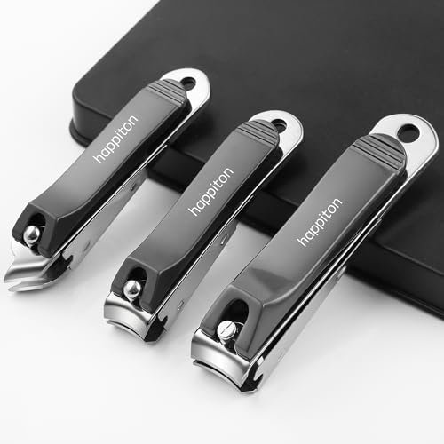 HAPPITON Nail Clippers Set 3PCS Stainless Steel Fingernail Toenail Clipper Cutters Pedicure Tools for Women&Men with Storage Case (Black)
