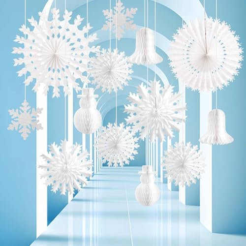 EASY JOY 13PCS Christmas Paper Snowflake Fans White Paper Snowflake Hanging Ornaments Snowman Bell Honeycomb Winter Wonderland Ceiling Decor for Christmas Winter Wedding Birthday Party Decor