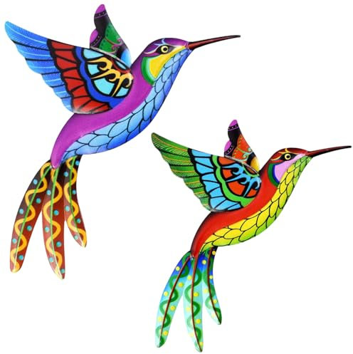TourKing 2 Pcs Metal Hummingbird Wall Art Decor, Wrought Iron Hummingbird Sculptures Hanging Decoration Colorful Bird Wall Ornaments Bird Wall Art Decor for Home Bedroom Garden Patio Porch or Fence