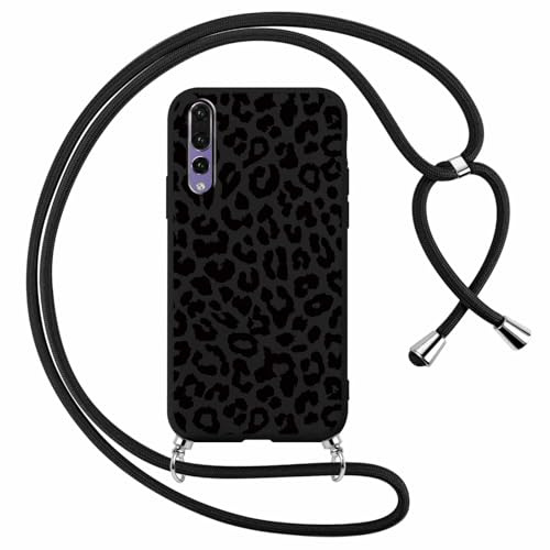 Foonary Coque pour Huawei P30 Lite avec Cordon de Collier, Aesthetic Léopard Motif Étui Housse Réglable Lanyard Corde, Souple Silicone Antichoc Protection Case pour P30 Lite 6,15, Noir Chaîne
