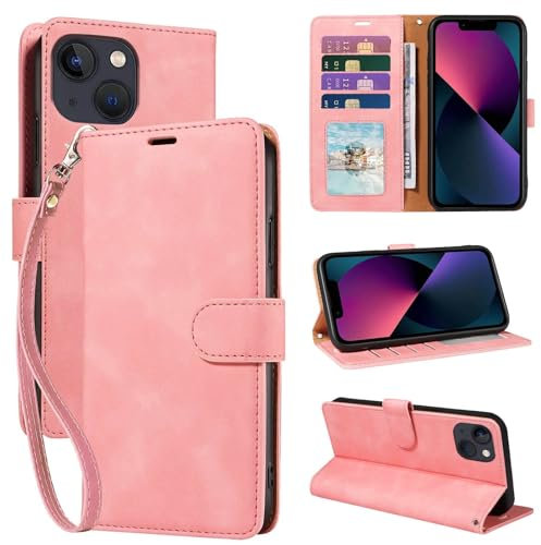 GOTOURED Wallet Phone Case for iPhone 13 Mini 5.4 inch, [RFID Blocking 3 Card Slots] [Wrist Strap] [Kickstand] Magnetic Closure Shockproof Protective Soft Leather Flip Cover (Pink)