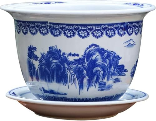 REBCACE Maceta de Cerámica de Porcelana Azul y Blanca, Maceta Decorativa con Bandeja de Platillo para Adornos de Plantas, 21cm