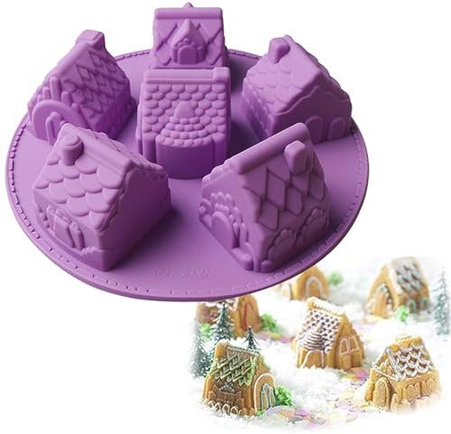 Hinourisha Moule à Gâteau en Silicone 6 Cavités Forme Maison Moule à Pain Moule Fondant Jouet Moule à Savon Chocolat Moule 3D Château Moule pour Enfants Noël Anniversaire Décoration de Gâteau (Couleur