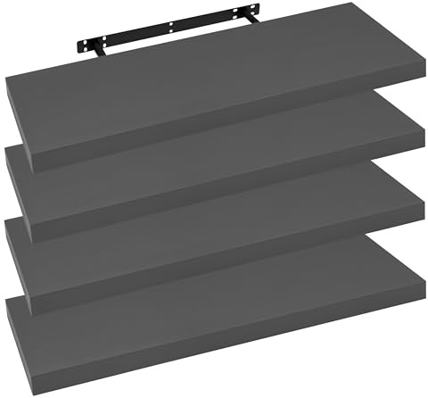 WOLTU 4 Pcs Floating Shelves, 90cm Dark Grey Wall Storage Shelf, Office | MDF Wooden Shelving Boards, Hanging Strong Bracket Showcase for Living Room, Bedroom, Kitchen, Bathroom, Hallway