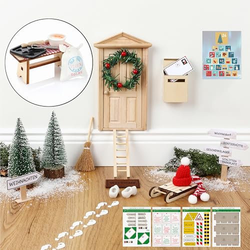 Nordstern Wichteltür Set - Komplettset inkl. Backset, Wichtelbriefe, Baustelle, Adventsakelnder, magischer Tür, Schilder und mehr Zubehör für die Adventszeit, DIY-Dekoration für Weihnachten