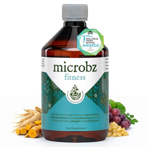 MICROBZ Fitness Liquid Gut Health Supplement, Live Cultures, 31 Servings | 15 strains of microbes from soil fermented with sport herbs like ashwagandha, vit C, D3 and zinc, for active life, no fridge