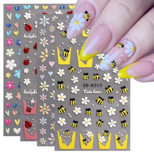 JMEOWIO 3D Nagelsticker Bienen Blume French Tip Nail Art Sticker Selbstklebend Nagelaufkleber 5D Stereoskopisch Dekoration Nageldesign Zubehör 4 Blatt