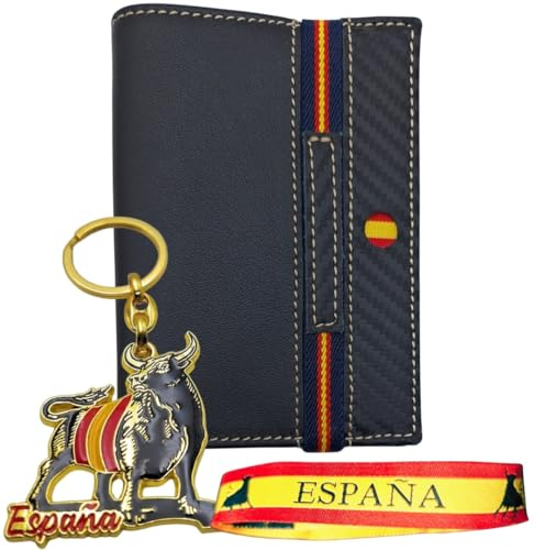 Planta Color Cartera De Piel Negra con Cierre Elástico Bandera De España + Pulsera Bordada Y Llavero Toro Dorado | Pack Regalo Hombre | Hecho En Ubrique, España (31 Negro Elástico)