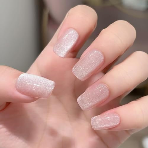 Pink False Nails Glitter, SXVME Cat Eye Press on Nails Medium Short Square, Sparkly Shiny Fake Nails Medium, Cute Bling Short Coffin Stick on Nails for Women DailyHoliday Wear, 24 Pcs