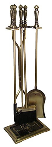 Vintage Fireplace Tools Set 5 Piece Fire Companion Kit with Shovel Broom Poker Tongs and Stand Antique Brass Finish 25 cm x 18 cm x 75 cm