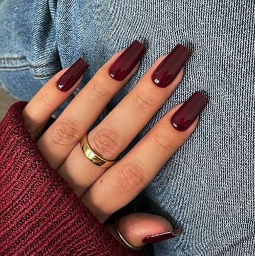 SXVME Dark Red Press on Nails Long Square, Burgundy Red False Nails Medium Coffin, Glossy Gel Fake Nails Press on, Sheer Gel Stick on Nail for Women, 24 Pcs