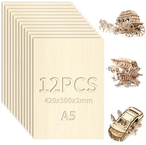 XRXYMQ 12 Pezzi Compensato di Legno 420×300×2mm Pannelli Compensato A3 Fogli Legno per Pannelli Taglio Laser Modellare Pirografia Pareti Bricolage Decorazione