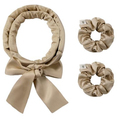 LILYSILK Damen 100% Seide Lockenwickler ohne Hitze 3-teiliges Set seidengefüllte Lockenwicklerstäbe mit verstellbarem Schleifenband frizzfrei über Nacht(Taupe)