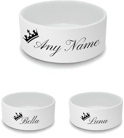 Personalised Ceramic Pet Bowl - Small White Pet Food Dish with Royal Crown Design - Custom Name Pet Bowl 18cm Wide x 7cm Deep - Ideal For Cats, Small Dogs, Rabbits