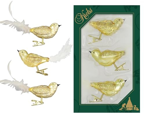 Krebs Glas Lauscha - Christbaumschmuck aus Glas - Gold und Satin-Goldene Vögel auf Clip - 3 Stück - 11 cm