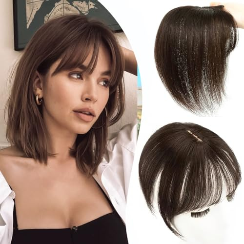 Sexycat Clip in Pony für Frauen Echthaar Braun 360° Abdeckung Haarteile Clin on Fringe Wispy Bangs Haaraufsatz zum Ausdünnen