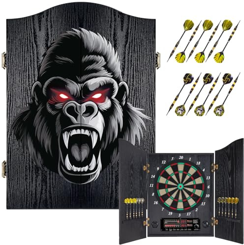 Yirinatek Dartscheibe Elektronisch, Dekoratives Elektronische Dartscheibe Schrank-Set [12 Bronze Soft-Tip Pfeile][Cricket-Spielmodus], Profi E Dart Scheibe mit Holzschranktüren - Gorilla