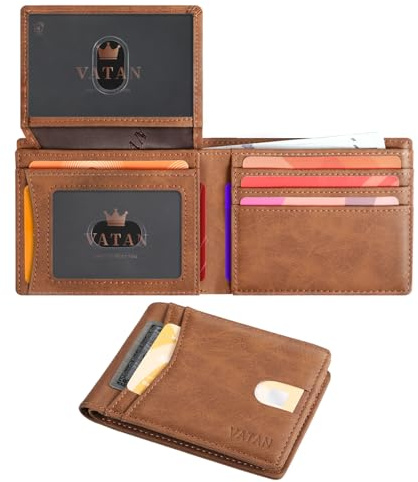 Vatan Wallet for Men Slim RFID Blocking Leather Credit Card Holder Wallet for 15 Cards, Bifold Minimalist Thin Wallet with 2 ID Windows & Cash Slot, with Gift Box (Crazy Horse Brown)