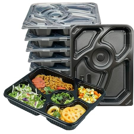 ECONX 30 X 5 Compartment Takeaway Container Meal Prep Containers - Microwavable and Freezer Safe BPA Free PP Plastic Black Lunch Take Away Box Food Storage Box with Lid Bento Takeout Boxes