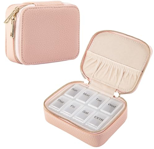 Rosa 7-Tage Pillendose 8 Fächer aus Vegan-Leder, mit abnehmbarer Tagesbox | Medikamente übersichtlich organisiert, Etui aus veganem Leder, Extrafach und Doppelreißverschluss, für Alltag und Reisen