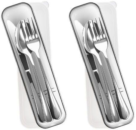 Mnsconkl Set Couverts Camping Inox 2 Personnes avec Boîte de Transport | Set de couverts camping inox pour 2 personnes avec boîte pratique. Réutilisable, idéal pour voyage, bureau et pique-nique