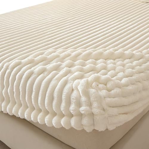 Plüsch Spannbettlaken Cord Bettlaken Winter Leintuch Flauschig Bettbezug Warm Spannbetttücher Spannleintuch Spannbetttuch(Off White,90x200cm)