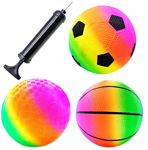 Bakiauli 3 Pcs Beach Balls, Rainbow Football Coloured Inflatable Balls for Swimming Pool Beach Theme Party Outdoor Activities, Diameter 15 cm, with Pump