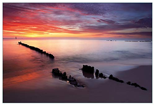 Wallario Küchenrückwand selbstklebend 90 x 60 cm, Motiv: Sandstrand im Sonnenuntergang - Roter Himmel | Spritzschutz abwischbar & pflegeleicht