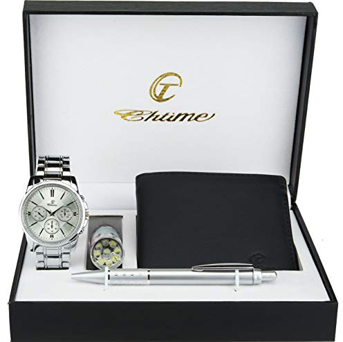 BELLOS Geschenkbox mit Armbanduhr für Herren, LED-Lampe, Geldbörse, Stift, Silber, 42, Armband, Silber, 42, Armband