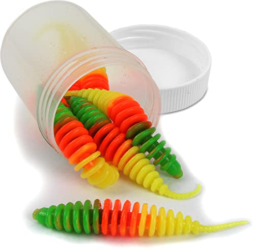 Feinripp Wurm Kunstköder für Forelle und Barsch aus Weichgummi mit Lamellen, Größen und Aromastoffe erhältlich, schwimmend, Farbe :Regenbogen (Knoblauch), Länge:50 mm