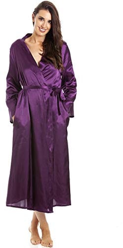 Camille Womens Luxury Long Satin Wrap - Ladies Lightweight & Breathable Summer Nightwear with Tie Belt Fastening Deep Purple
