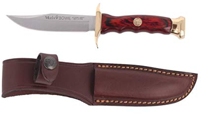 Muela Cuchillo de caza BW-10 con hoja de acero inoxidable MoVa de 10 cm y empuñadura de madera de coral para Caza, Pesca, Supervivencia y Bushcraft + Portabotellas de regalo