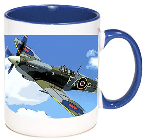 Spitfire Mug. Blue Inner and Blue Handle. 11oz Ceramic Gift Mug Featuring Colourful Image of The Spitfire Plane. Spitfire Coffee Mug, Spitfire Plane Gift