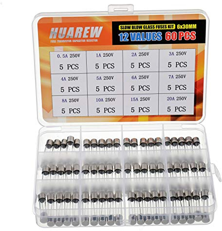 HUAREW 12 Werte 60 Stück 6x30 mm Langsam schmelzen Glas sicherungen 0,24x1,18 Zoll 250 V Stromspannung T 0,5 1 2 3 4 5 6 7 8 10 15 20 Ein Verstärker Klassifizierungs kit