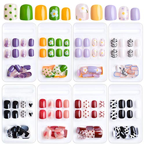 Kalolary Unghie Finte Corte Kit, 192 pezzi Corto Piazza Premere su Unghie Finte Copertura Completa con Lime Unghie, Bastoncini di Legno, Tagliaunghie per Donne e Ragazze Nail Art Fai-da-te(Stile A)